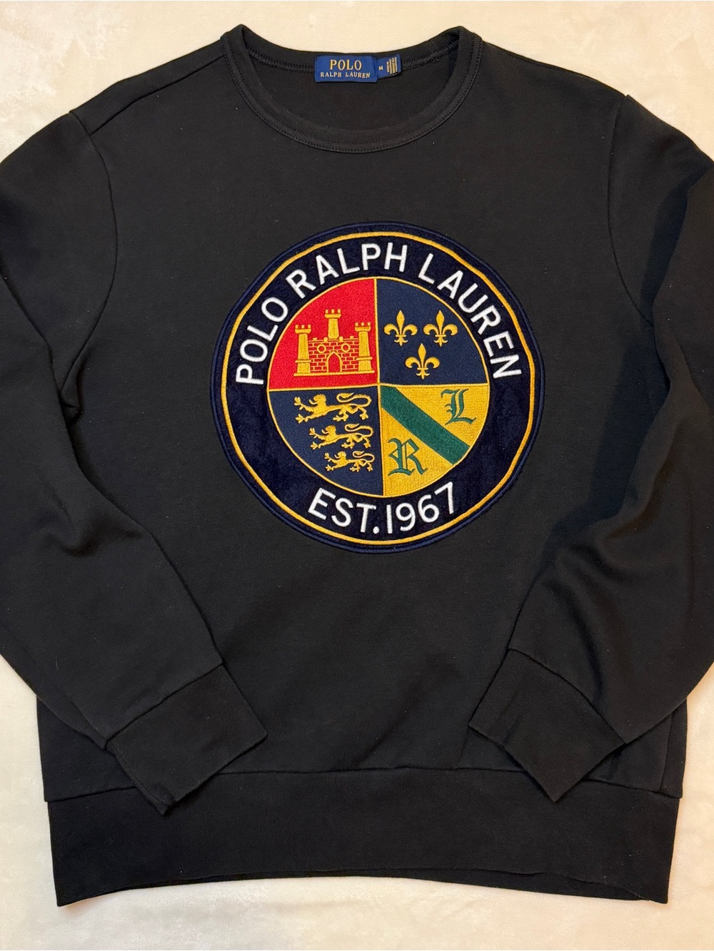 Polo Ralph Lauren Men's Black Cookie Crest Patch Crewneck Sweater Medium